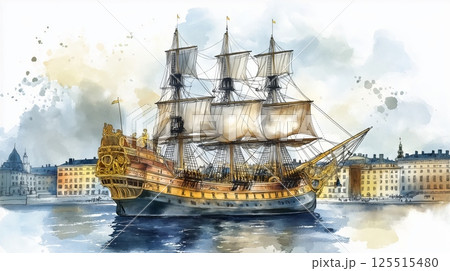 Vasa Museum. Vasa Museum hand drawn watercolor illustration 125515480