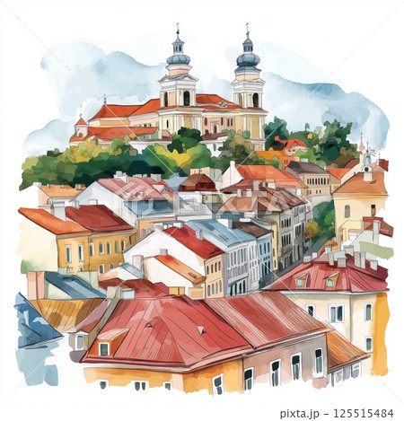 Vilnius Old Town. Vilnius Old Town hand drawn watercolor illustration Vilnius Old Town. Vilnius Old Town hand drawn watercolor illustration 125515484