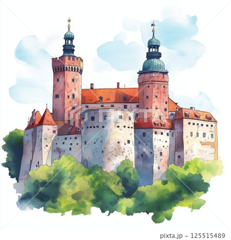 Wawel Castle. Wawel Castle hand drawn watercolor illustration Wawel Castle. Wawel Castle hand drawn watercolor illustration 125515489