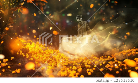 Ethereal spirit walking through mystical garden of marigolds and dancing lights 125515510