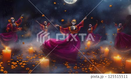 Dia de los muertos celebration with dancing skeletons under moonlit sky 125515511