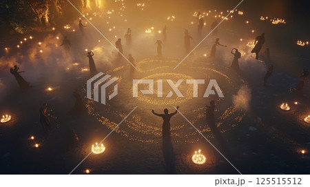 Mystical night dance: silhouetted figures around fire circles in enchanted forest 125515512