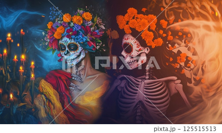 Vibrant dia de los muertos tribute: colorful skull art with floral crowns 125515513