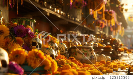 Colorful day of the dead market with floral and skull decorations 125515593
