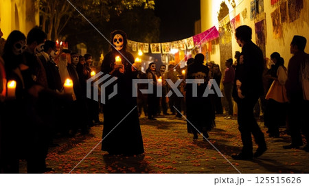Vibrant day of the dead night celebration with candles and costumes 125515626