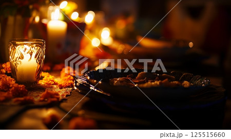 Cozy candlelit dinner with autumn flowers on festive table setting 125515660