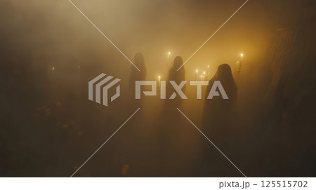 Mysterious hooded figures holding candles in foggy candlelit ambiance 125515702