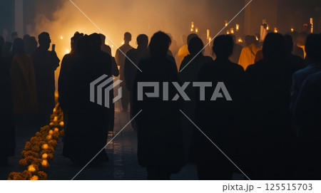 Silhouettes in candlelit procession during night ceremony Silhouettes in candlelit procession during night ceremony 125515703