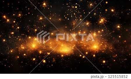 Golden fireworks or salute bursting background. Gold firecracker, Firework explosion in night. Sparkling plume crumbs. Dust jewelry. Jewel confetti firework. 125515852