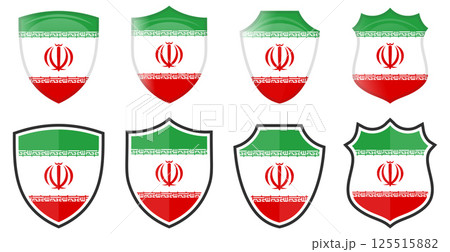 Vertical Iran flag in shield shape, four 3d and simple versions. Persian icon / sign Vertical Iran flag in shield shape, four 3d and simple versions. Persian icon / sign 125515882