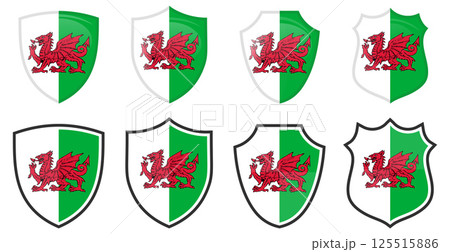 Vertical Wales flag in shield shape, four 3d and simple versions. Welsh icon / sign Vertical Wales flag in shield shape, four 3d and simple versions. Welsh icon / sign 125515886