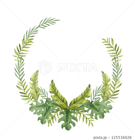 Tropical Leaves circle frame, Wreath. Eucalyptus, Banana Palm and Monstera. Watercolor Hand drawn botanical illustration isolated on white background. For cards, invitations and logos. Tropical Leaves circle frame, Wreath. Eucalyptus, Banana Palm and Monstera. Watercolor Hand drawn botanical illustration isolated on white background. For cards, invitations and logos. 125516026