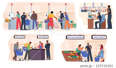 Security service in supermarket isolated cartoon scene set with guardsmen providing public safety 125516262