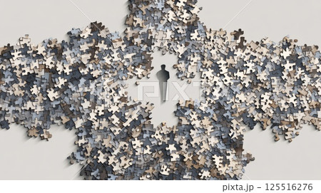 Human silhouette composed of interlocking puzzle pieces, one missing 125516276