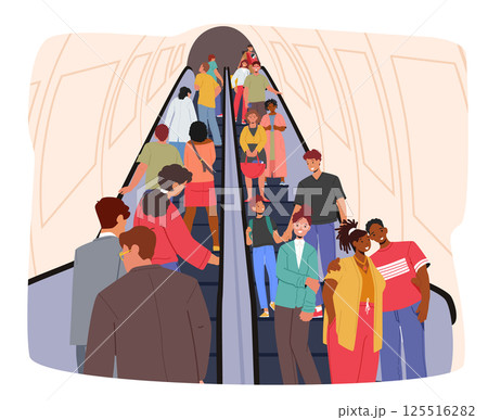 Diverse people crowd cartoon characters moving up and down subway escalator public place scene Diverse people crowd cartoon characters moving up and down subway escalator public place scene 125516282