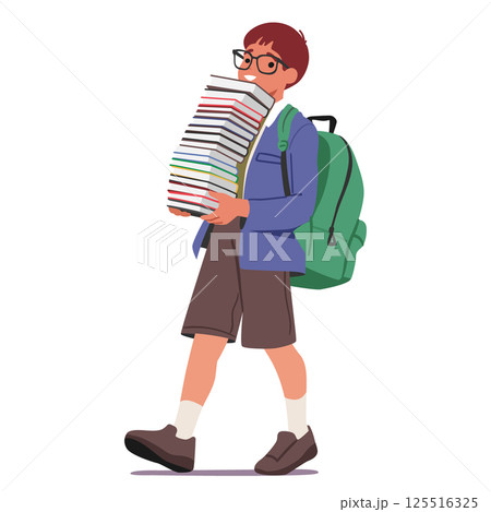 Smart nerd boy student cartoon character walking with books stack in hands isolated on white 125516325