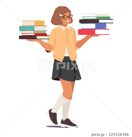 Nerd girl cartoon character in eyeglasses carrying two stacks of books isolated on white background 125516396