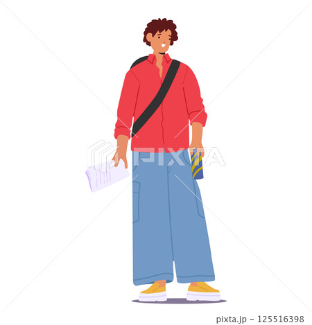 Trendy fashion guy cartoon happy teenage student character with studying supplies in hands Trendy fashion guy cartoon happy teenage student character with studying supplies in hands 125516398