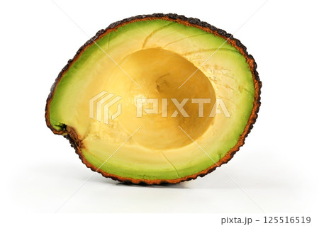 Brown avocado cut in half, isolated on white background, side view Brown avocado cut in half, isolated on white background, side view 125516519