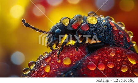 Ladybug is sitting on a red flower with raindrops on it. The image has a serene and peaceful mood, as the ladybug is surrounded by the beauty of nature Ladybug is sitting on a red flower with raindrops on it. The image has a serene and peaceful mood, as the ladybug is surrounded by the beauty of nature 125516586
