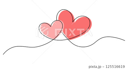 Two intertwined hearts in a continuous line drawing. Simple line art of two overlapping hearts for Valentine's Day 125516619