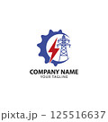 Power line repair logo design. Lineman and lightning bolt vector design. Lightning-shaped electric pole logotype 125516637