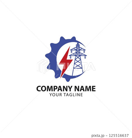 Power line repair logo design. Lineman and lightning bolt vector design. Lightning-shaped electric pole logotype 125516637