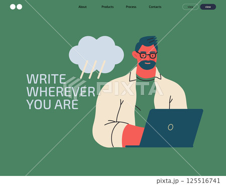Writing people, modern flat vector concept illustration- sitting man thoughtfully writing on laptop, bubble near head Metaphor for reflection, personal insight, contemplation, creative expression 125516741