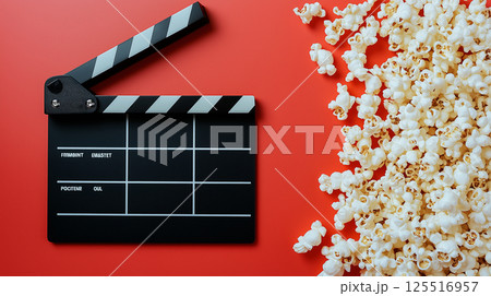 Movie night setup with a clapperboard and popcorn on a vibrant red background 125516957