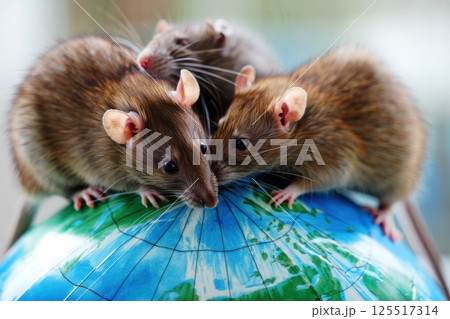Three curious and playful rodents gather around a bright globe exploring the world map with their tiny noses and inquisitive expressions in a warm inviting indoor space. 125517314