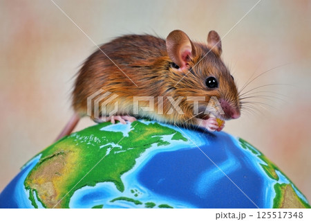 A small brown mouse perched curiously on a globe capturing a moment of adventure and exploration. Its tiny paws grip the vibrant continents while it gazes ahead full of wonder. 125517348