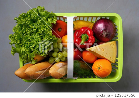 A vibrant green basket filled with colorful fruits and vegetables including lettuce peppers oranges and cheese offers a delightful view of fresh market produce ready for meals. 125517350