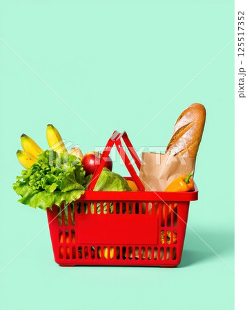 A bright red shopping basket brimming with fresh vegetables fruits and a loaf of bread sits against a mint green background perfect for healthy meal preparations and snacks. 125517352