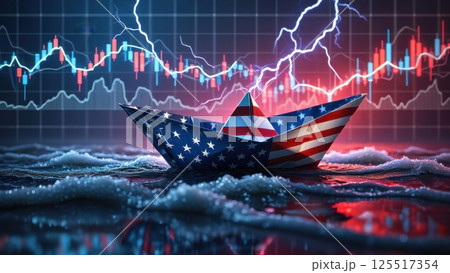 A small paper boat adorned with American flags navigates turbulent waters while lightning illuminates a backdrop of fluctuating financial graphs representing economic challenges. 125517354