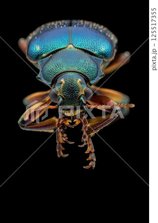 A magnificent beetle showcases vibrant hues of blue and green with intricate patterns on its shell. 125517355