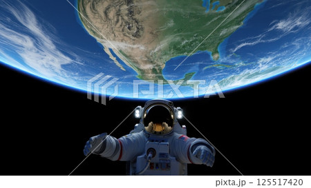 A lone astronaut glides effortlessly in the vastness of space showcasing the stunning blue and green hues of Earth far below. Stars twinkle in the distance creating a magical atmosphere. 125517420