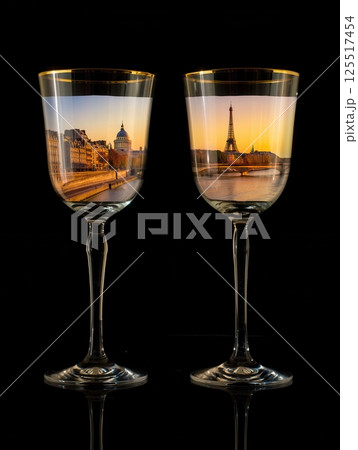 Two exquisite wine glasses feature stunning images of the Eiffel Tower and other iconic Paris sites illuminated by the warm golden hues of the setting sun capturing a romantic atmosphere. 125517454
