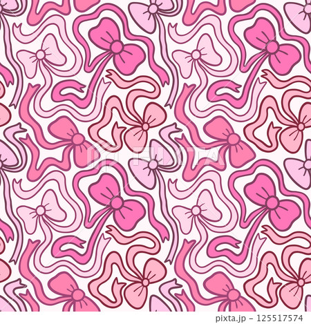 Cute vector seamless pattern with pink fun bows in coquette style, playful wavy ribbon illustration background Cute vector seamless pattern with pink fun bows in coquette style, playful wavy ribbon illustration background 125517574