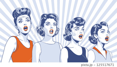 Four surprised young women. Vector pop art retro comic poster Four surprised young women. Vector pop art retro comic poster 125517671