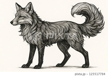 ふさふさの毛並みが美しい狐の線画イラスト 125517784