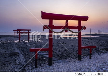 朝日が昇る大魚神社の海中鳥居 朝日が昇る大魚神社の海中鳥居 125518010