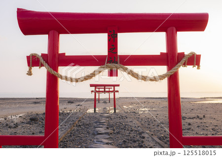 朝日に照らされる大魚神社の海中鳥居 朝日に照らされる大魚神社の海中鳥居 125518015