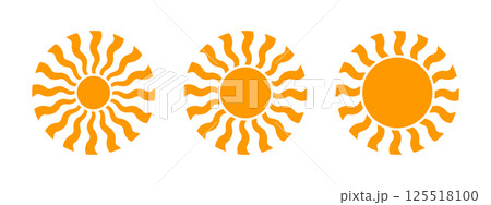 Set of groovy sun or daisy flower silhouettes isolated on background. Sunburst, sunshine or sunlight signs. Summer theme symbols. Modern positive vibes pictograms. Vector flat illustration 125518100
