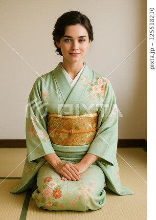 薄緑色の着物を纏い、和室で正座する外国人女性 125518210