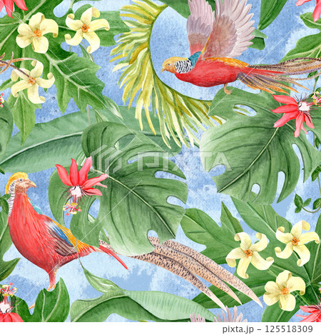 Golden pheasant, passion flower, monstera leaves, tropical foliage, watercolor seamless pattern on blue background. Hand drawn design perfect for wrapping paper, textile, wallpaper. Rainforest clipart Golden pheasant, passion flower, monstera leaves, tropical foliage, watercolor seamless pattern on blue background. Hand drawn design perfect for wrapping paper, textile, wallpaper. Rainforest clipart 125518309