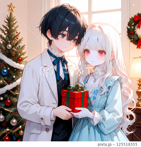 プレゼントを贈り合うカップル。アルビノの少女と碧眼の青年のクリスマス。漫画風のAIイラスト プレゼントを贈り合うカップル。アルビノの少女と碧眼の青年のクリスマス。漫画風のAIイラスト 125518355