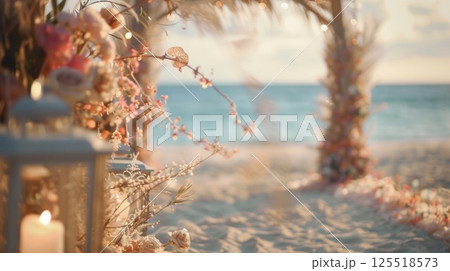 Soft focus on a beautifully decorated altar surrounded by a dreamy wedding setting on the beach 125518573