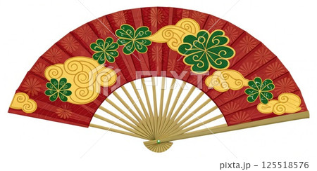 Twisting Silk Design A diagonal fan with red and yellow hues elegantly embroidered with a twisting green s symbols of luck navigating through curves and turns.. 125518576