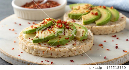 Rice Cakes with Toppings A pair of rice cakes topped with avocado slices and a dash of chili flakes demonstrating a light healthy snack option.. 125518580