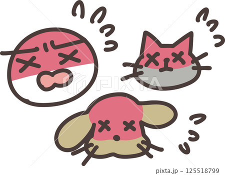 熱中症に困る人間と犬と猫のコミカルなイラスト 熱中症に困る人間と犬と猫のコミカルなイラスト 125518799